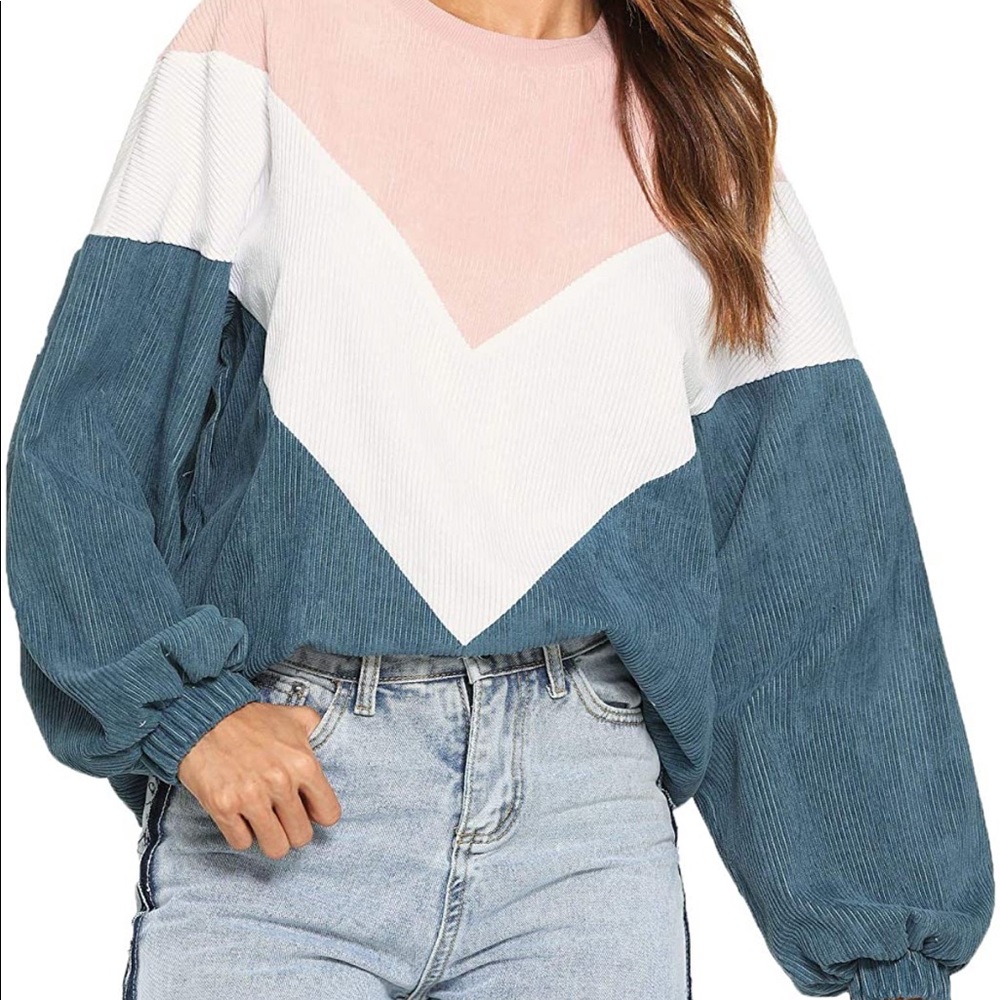 Romwe Women's Loose Colorblock Sweatshirt Lantern Sleeve Pullover